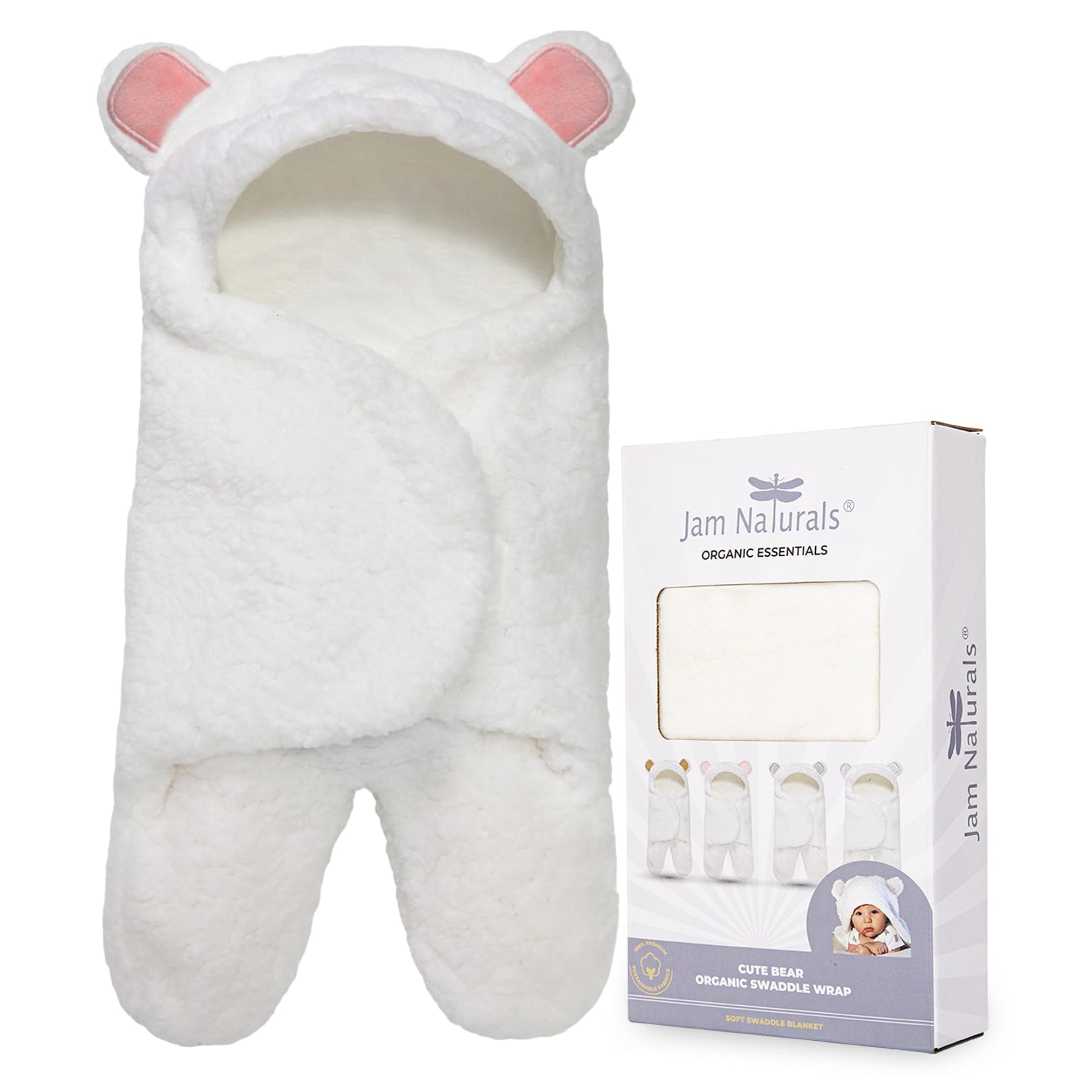 Jam Naturals baby swaddle hooded bear pink offers secure, cozy wrap for newborn comfort.