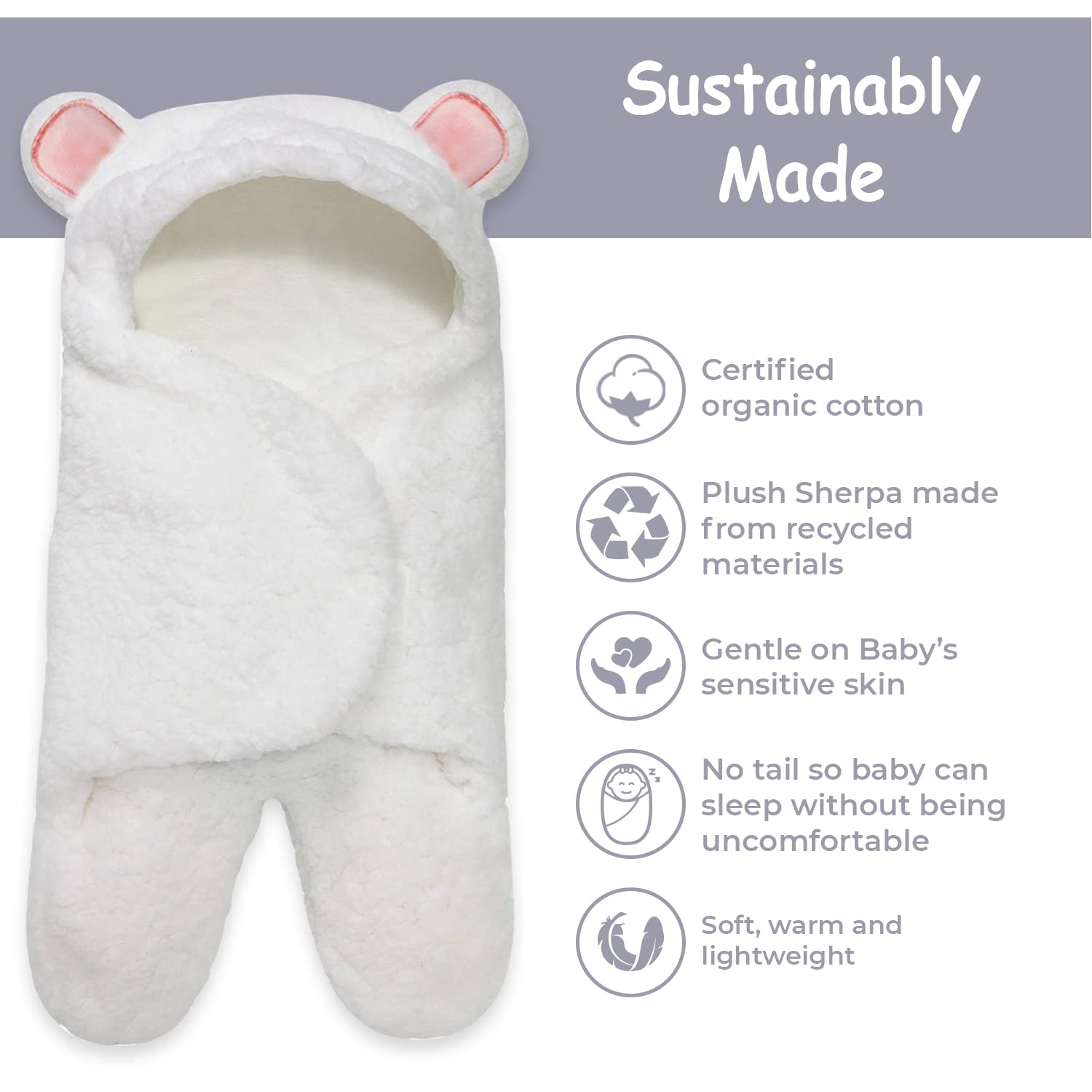 Jam Naturals hooded wrap with Velcro closure demonstrates easy secure swaddling for sleepy newborns.