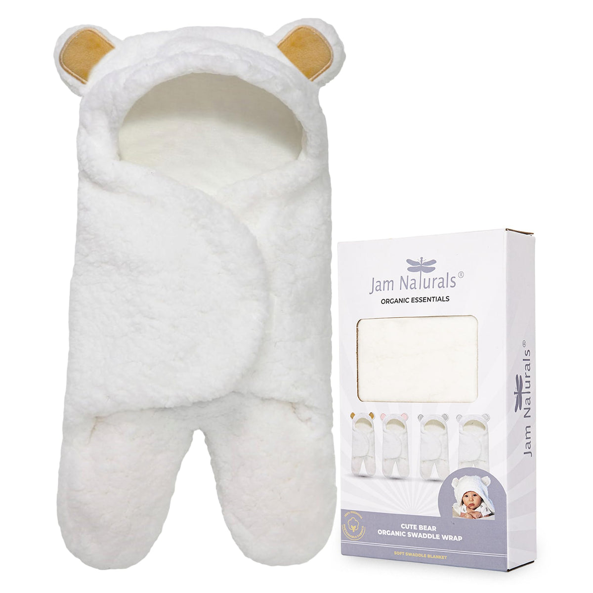 Jam Naturals Cute Bear swaddle fabric close-up shows organic cotton and Sherpa warmth.