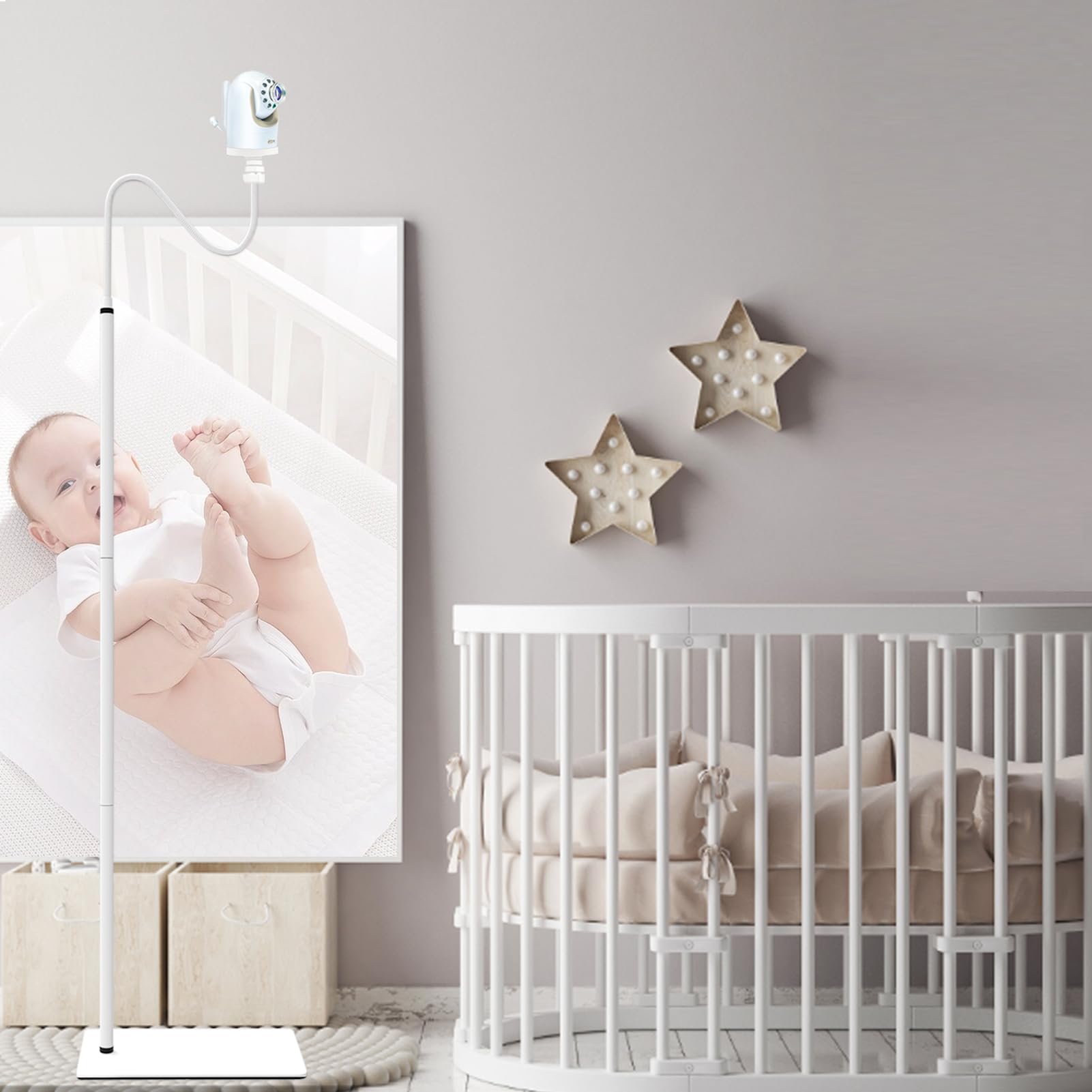 JAMYOK floor stand compatible with DXR-8 Pro safely holds Infant Optics monitor.