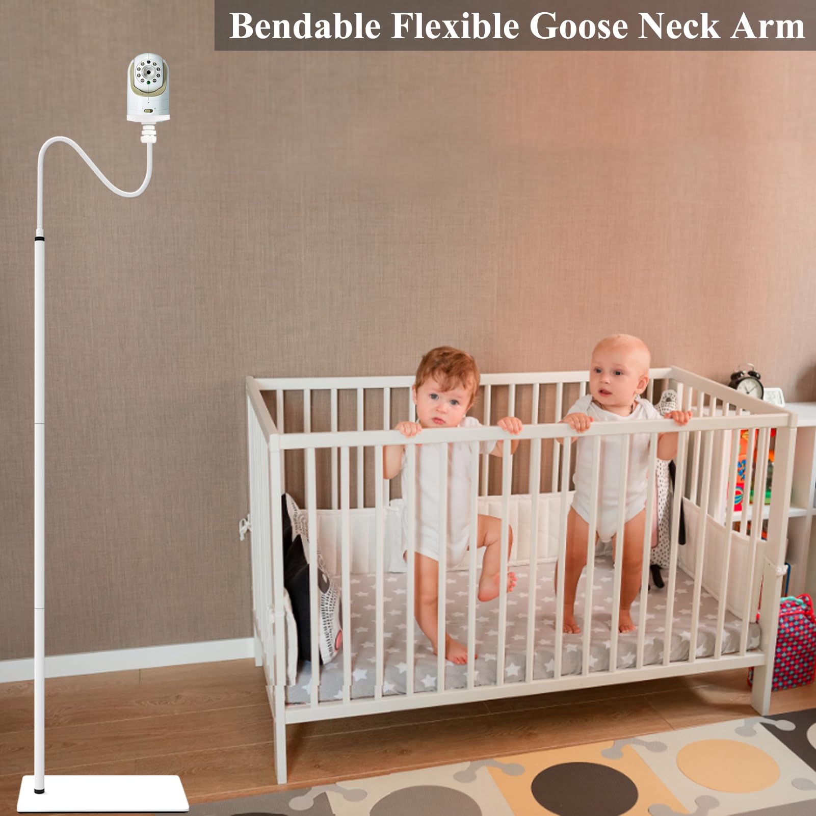 JAMYOK adjustable-height stand enables optimal viewing angle for baby camera.