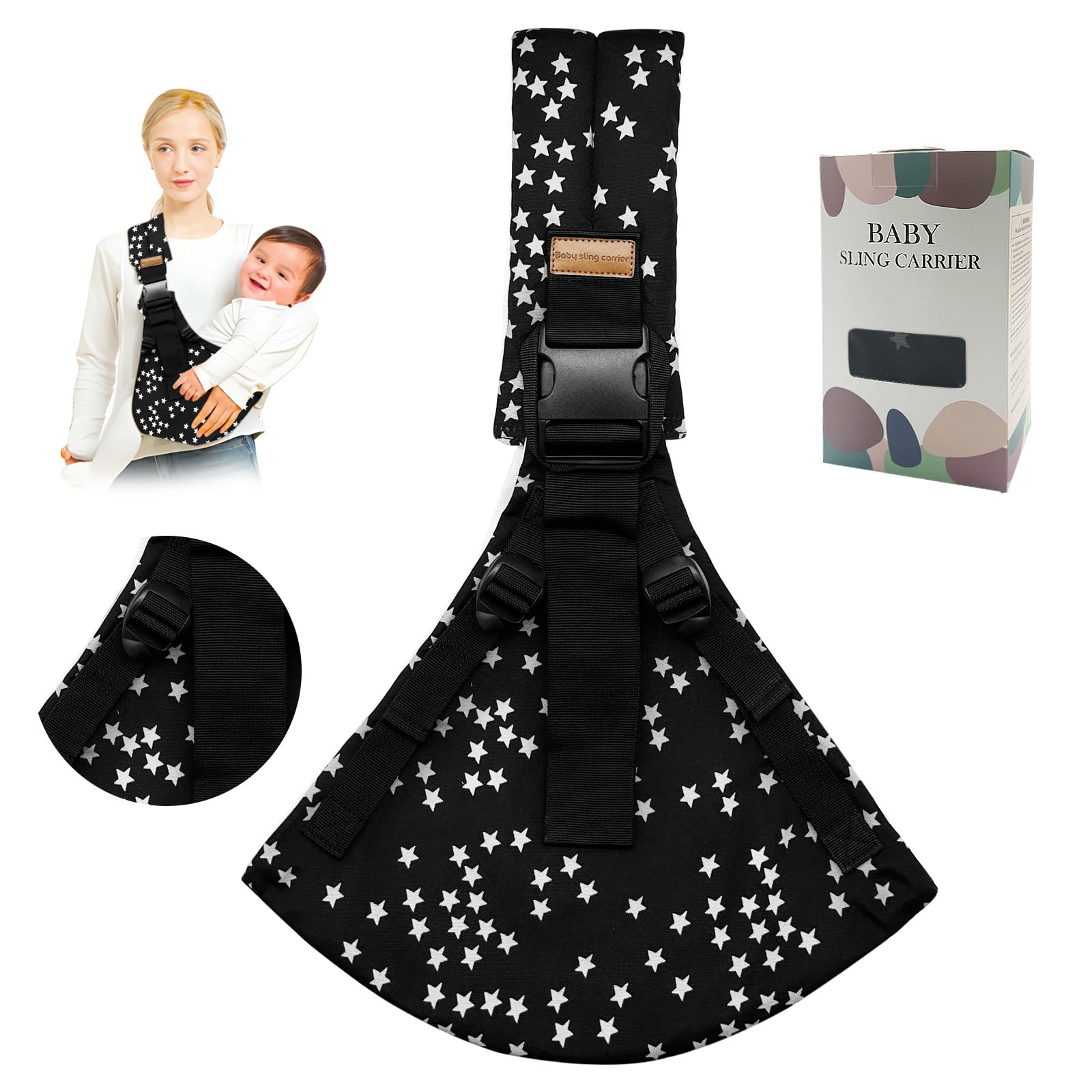 Jamyum baby sling with 4 adjustable straps for a secure, customizable fit.