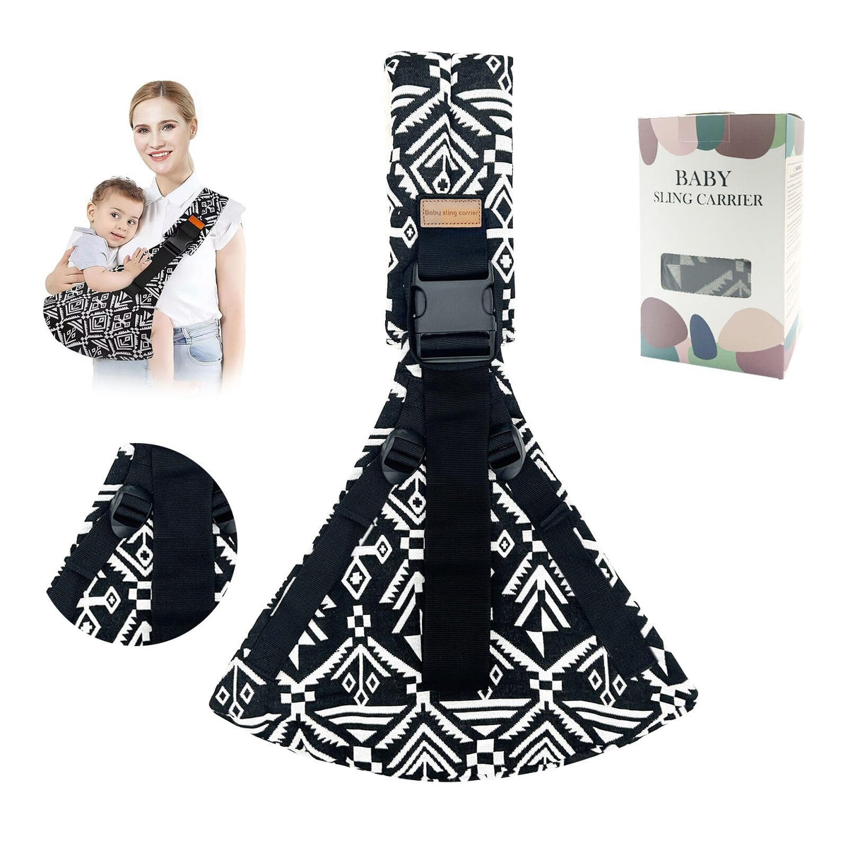 Jamyum baby sling carrier in Blacksail worn by parent for daily comfort.