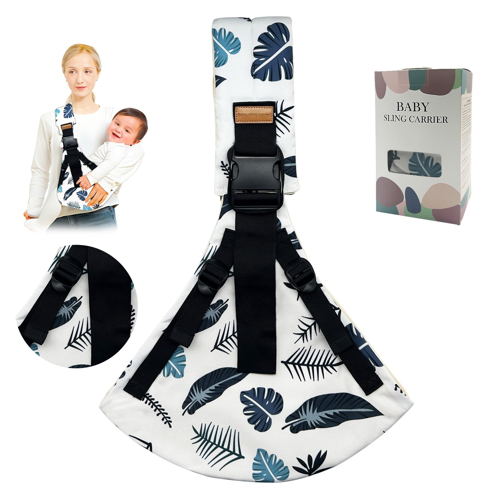 Jamyum leaf front view showing comfortable all-day carry with baby close