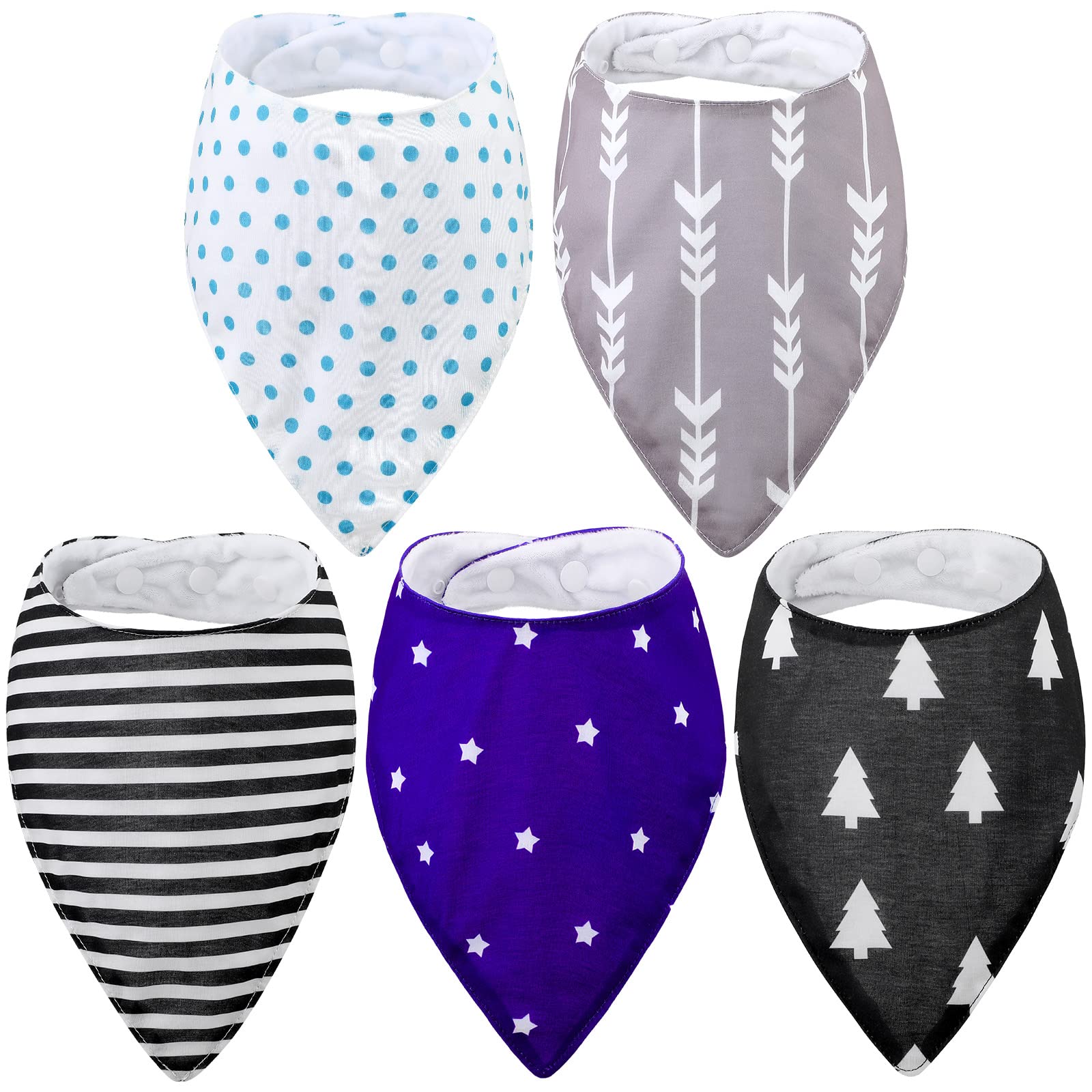Janmercy 5-pack adult bibs packshot with neutral patterns for versatile outfits
