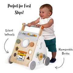 Janod Sweet Cocoon walker activities close-up reveals nine features boosting motor skills and concentration.