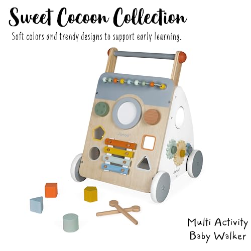 Janod Sweet Cocoon walker side view shows compact size for versatile play spaces and practice.