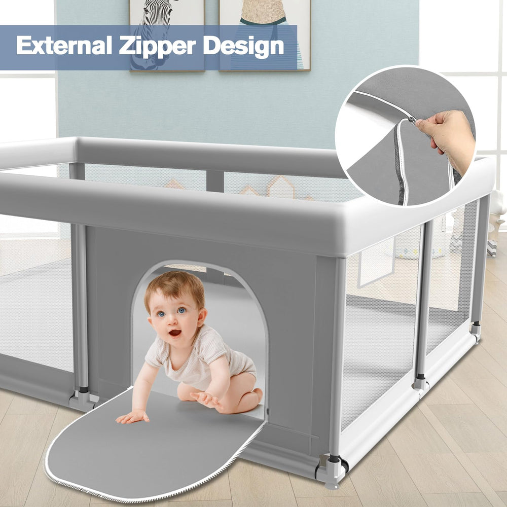 Jaobeem dimensions infographic highlighting 65×50×27 inch playpen footprint.