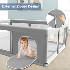 Jaobeem dimensions infographic highlighting 65×50×27 inch playpen footprint.