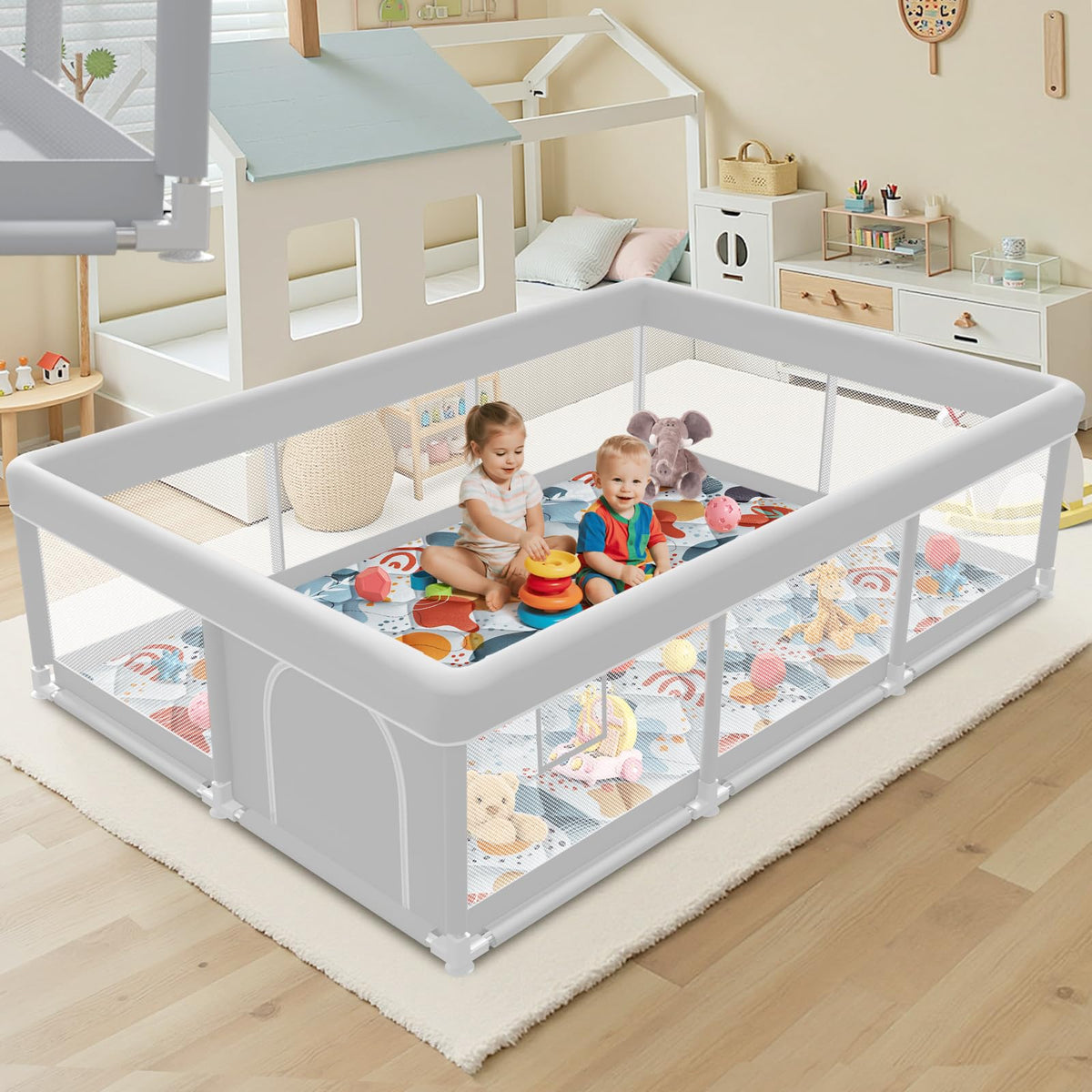 Jaobeem playpen 74x50 inch top view with mat for safe baby playtime