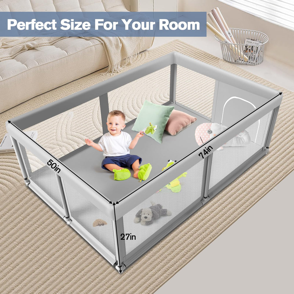 Jaobeem baby playing in playpen image conveys joyful, protected exploration.