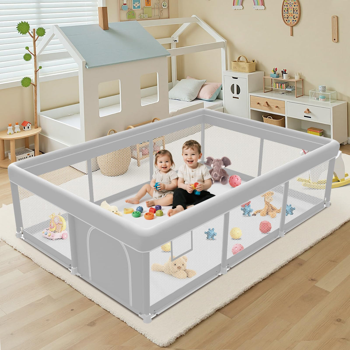 Jaobeem baby playpen front view showcases wide safe play area for toddlers
