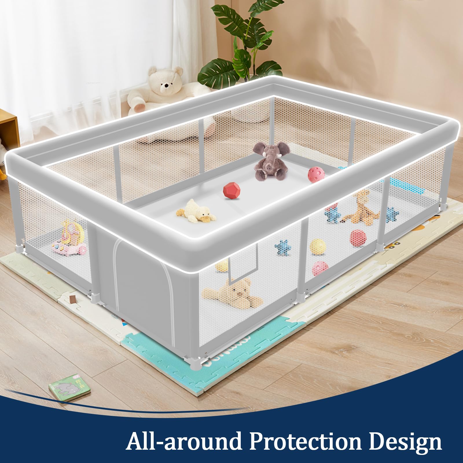 Jaobeem anti-slip cups stabilize the playpen on smooth floors