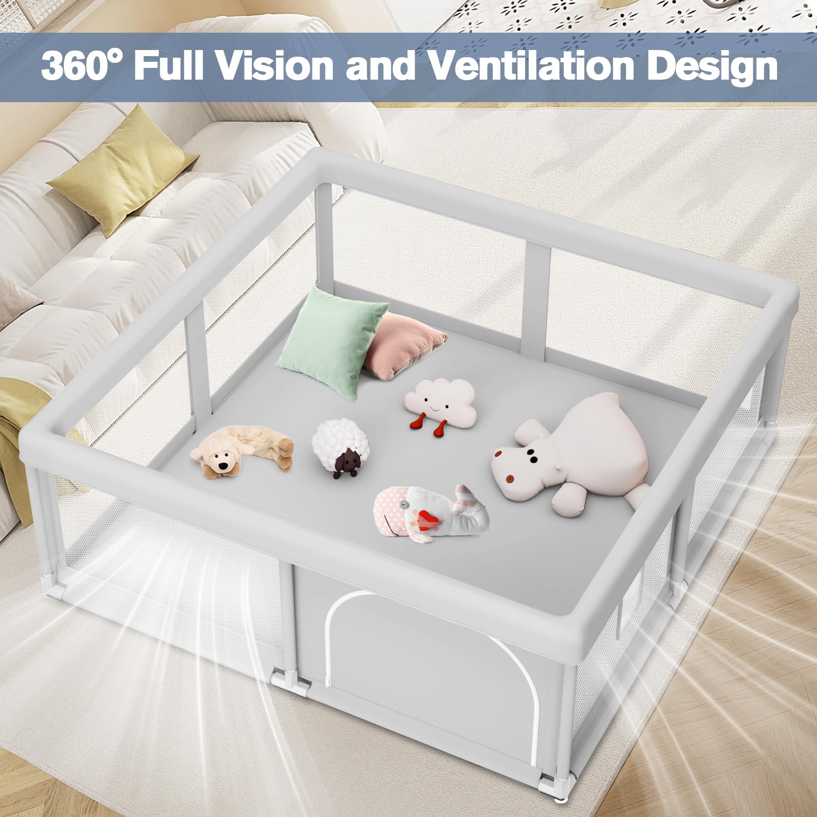 Jaobeem baby playpen 50x50 inches fits indoor spaces and small outdoor patios.