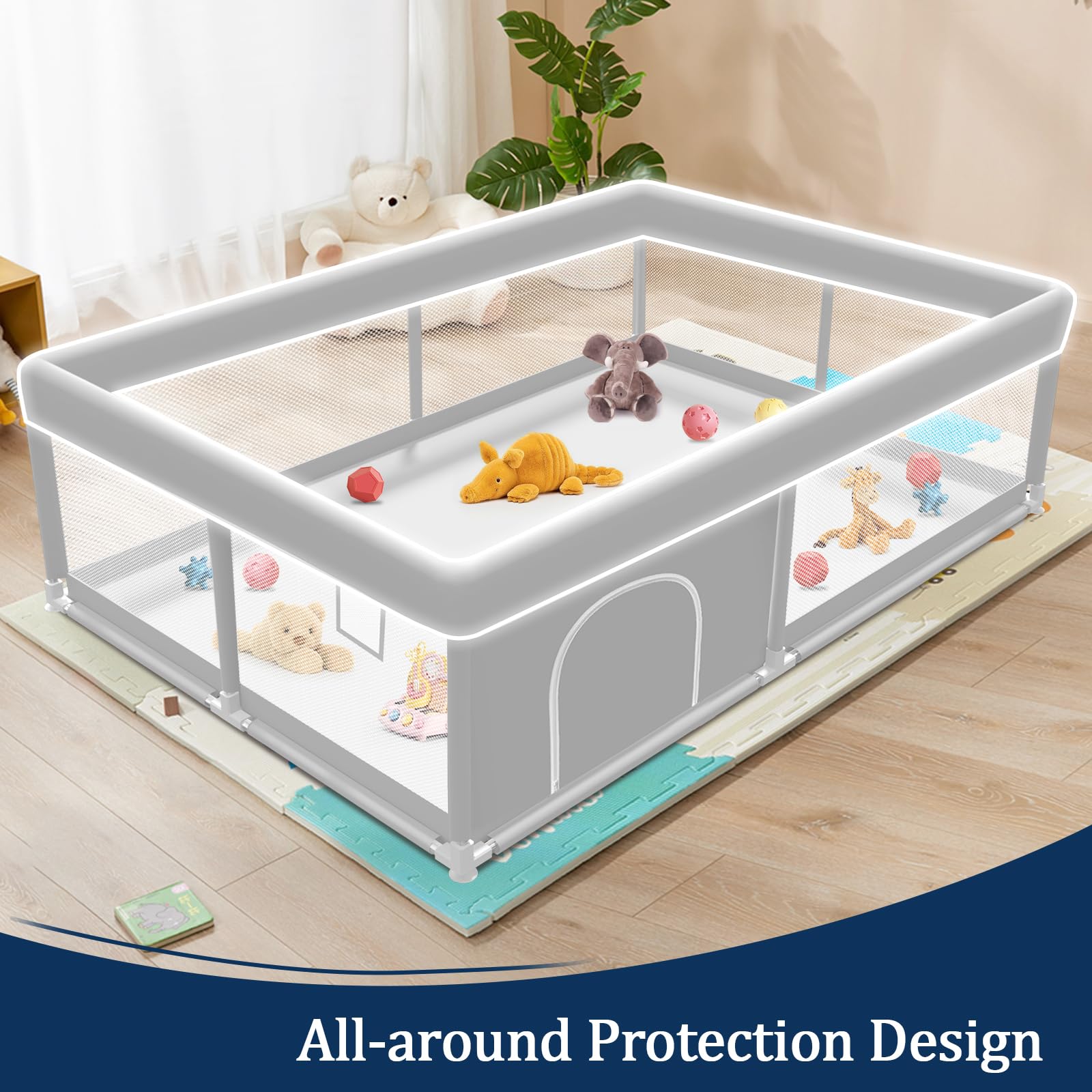 Jaobeem baby playpen's metal tubes deliver sturdy support for toddlers.