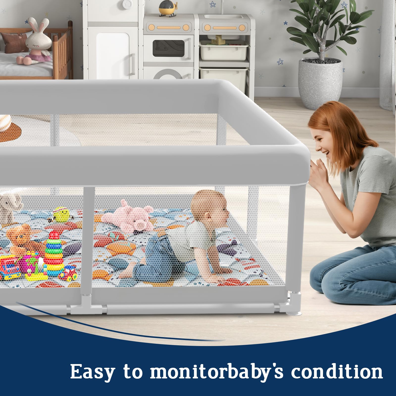 Jaobeem baby playpen indoor setup demonstrates easy assembly for busy parents