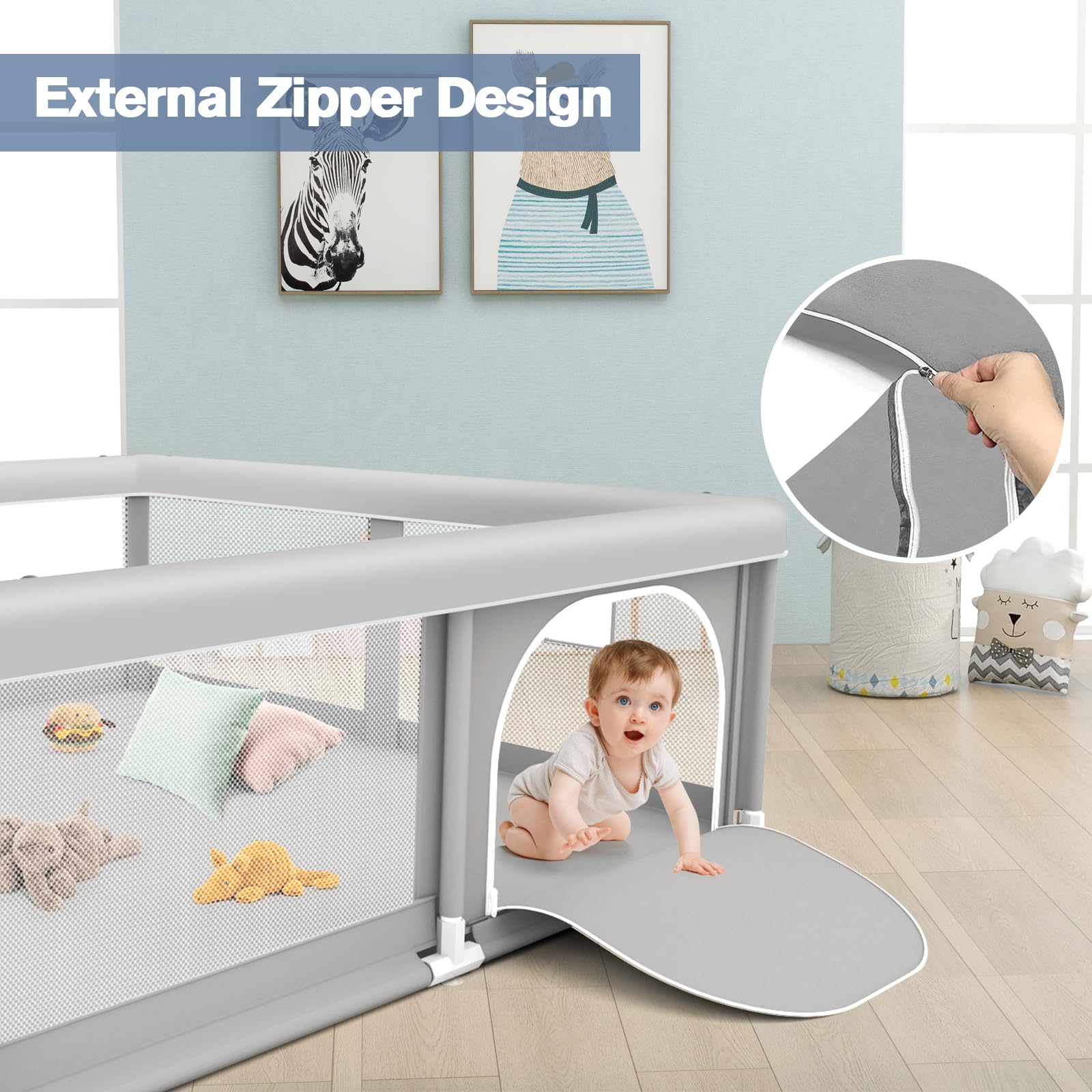 Jaobeem baby playpen bottom suction cups stabilize the setup for safe play.