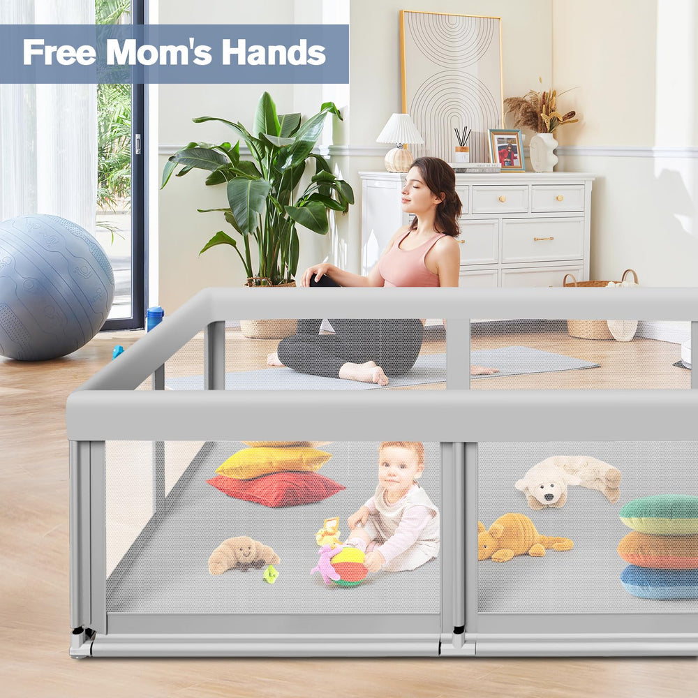 Jaobeem large playpen assembly image shows quick setup with rust-proof frame and ABS joints.