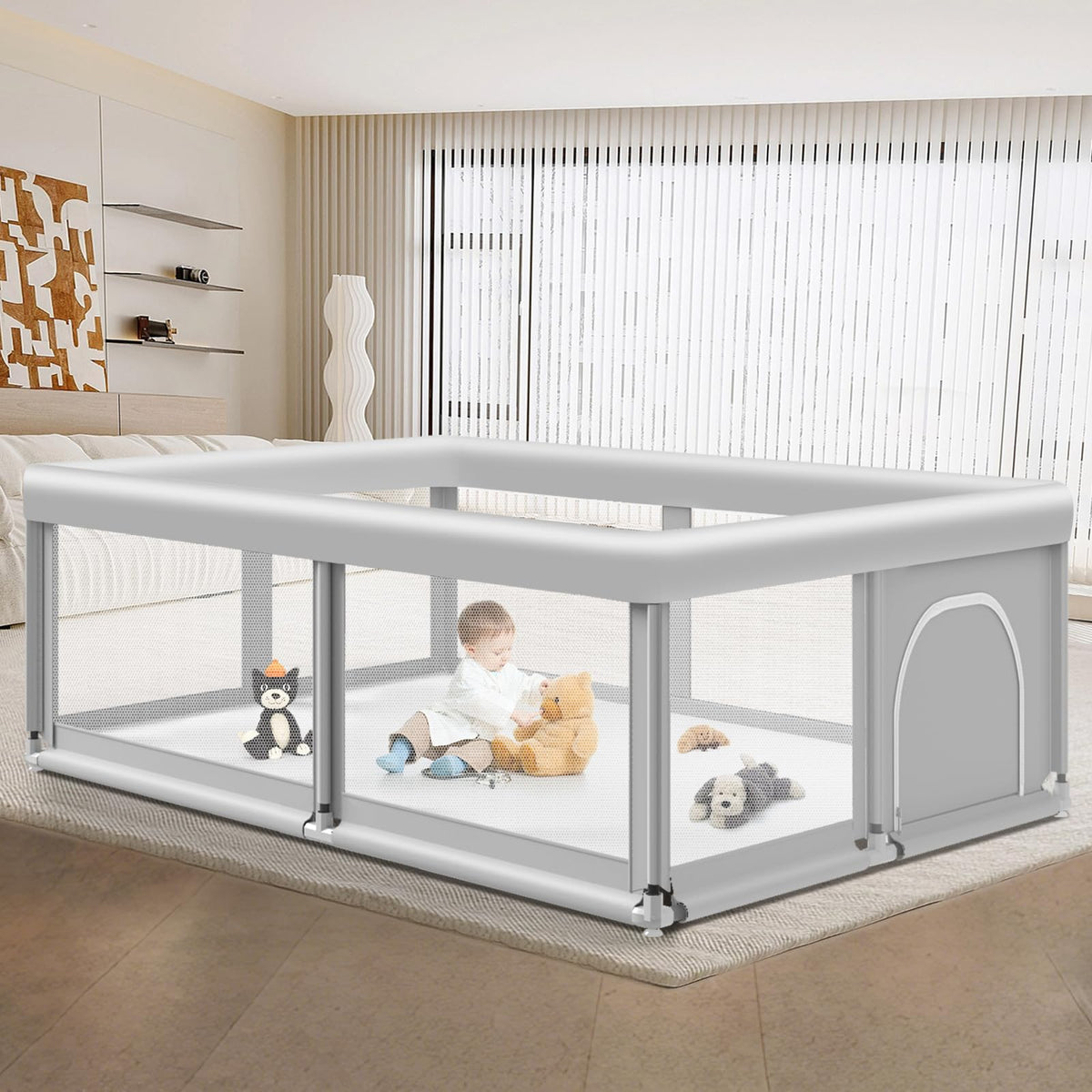 Jaobeem large playpen interior setup offers a spacious 74x50 area for safe exploration.