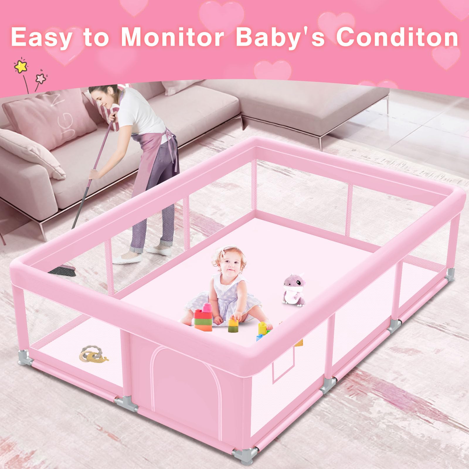 Jaobeem pink baby playpen 360-view emphasizes visibility and reassuring supervision.