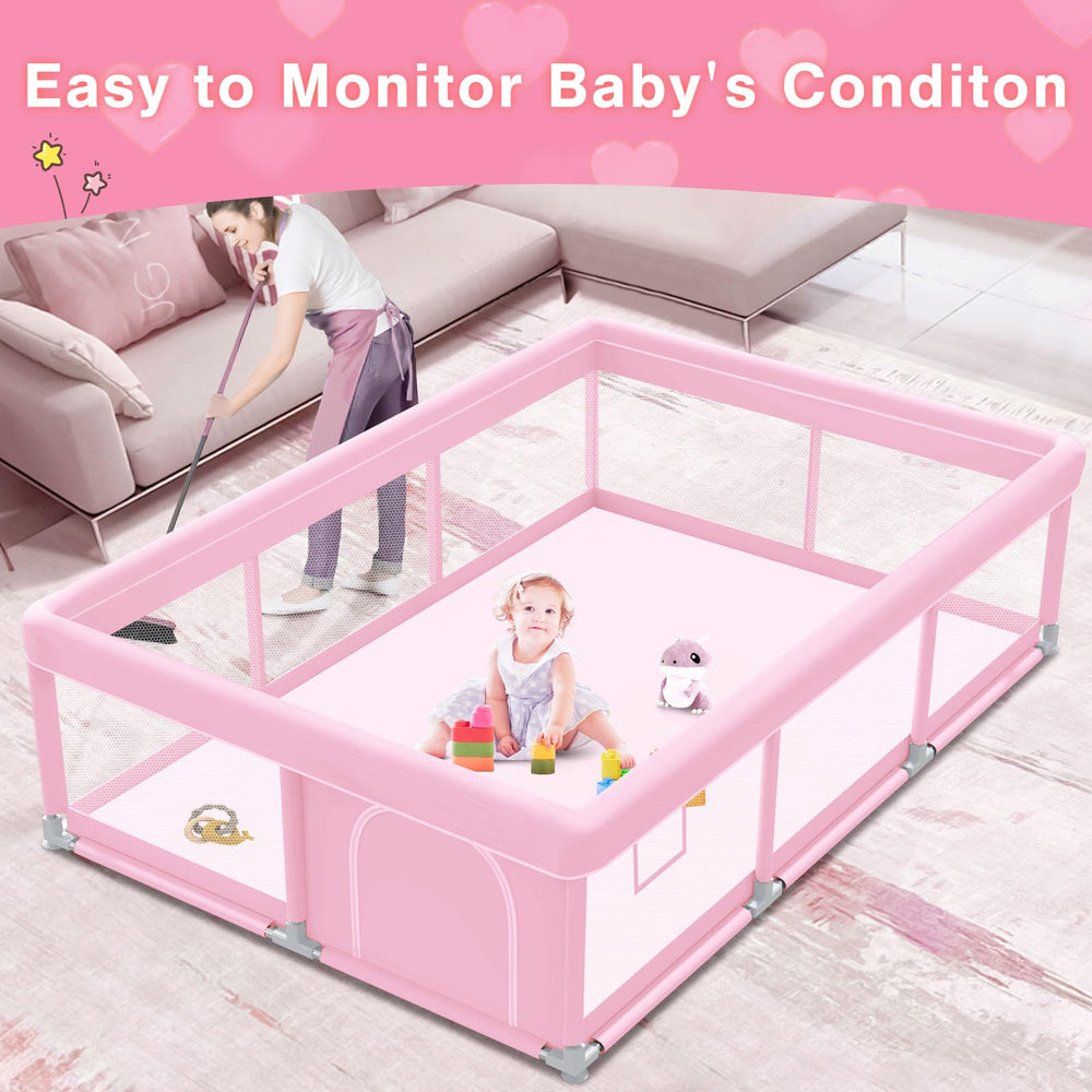 Jaobeem pink baby playpen 360-view emphasizes visibility and reassuring supervision.