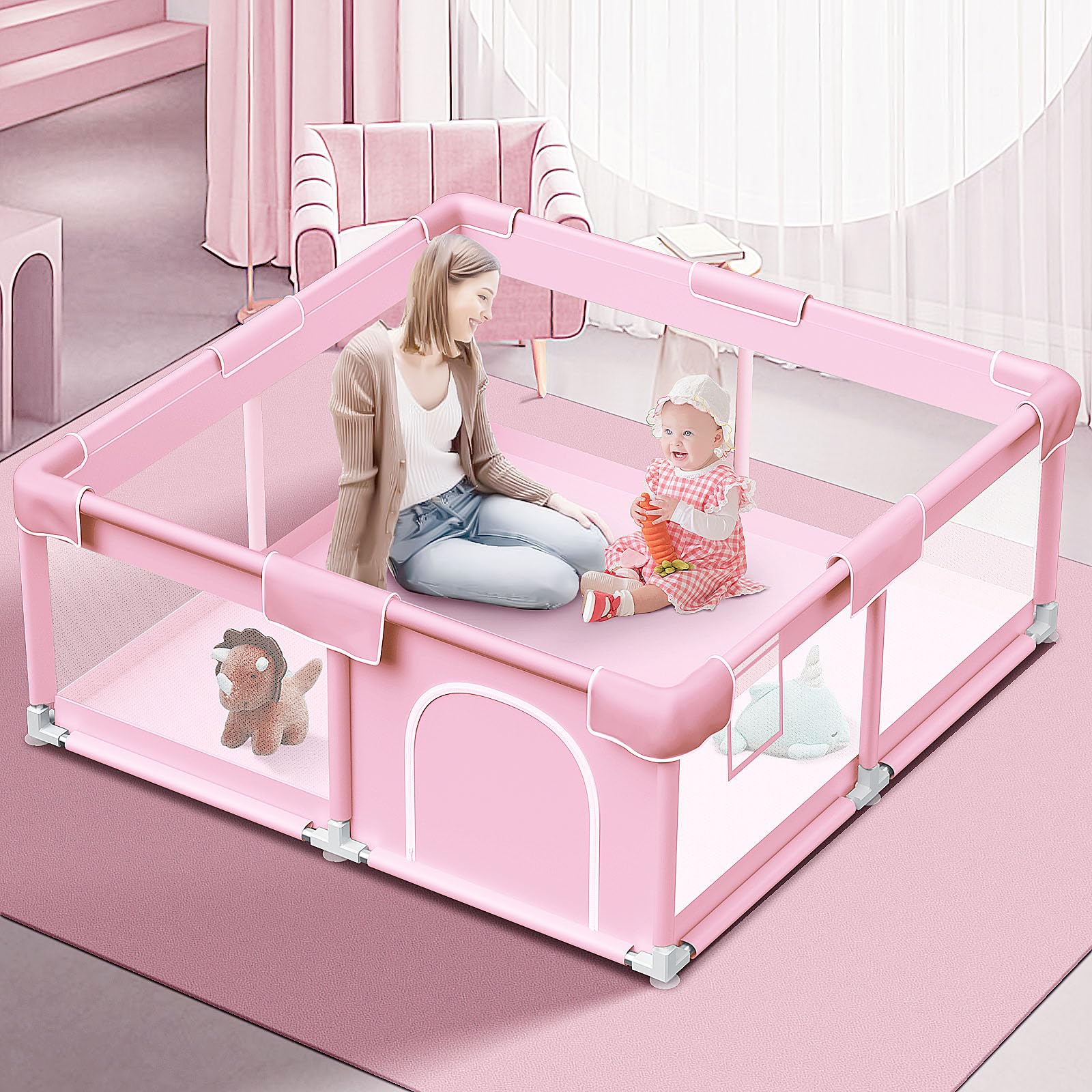 Jaobeem pink baby playpen 50x50 inches provides a safe, roomy space for toddlers.
