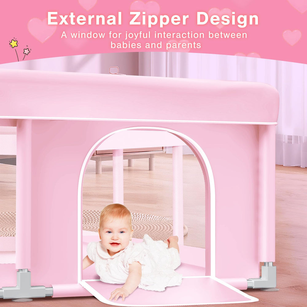 Jaobeem pink baby playpen anti-slip base ensures stable indoor use.