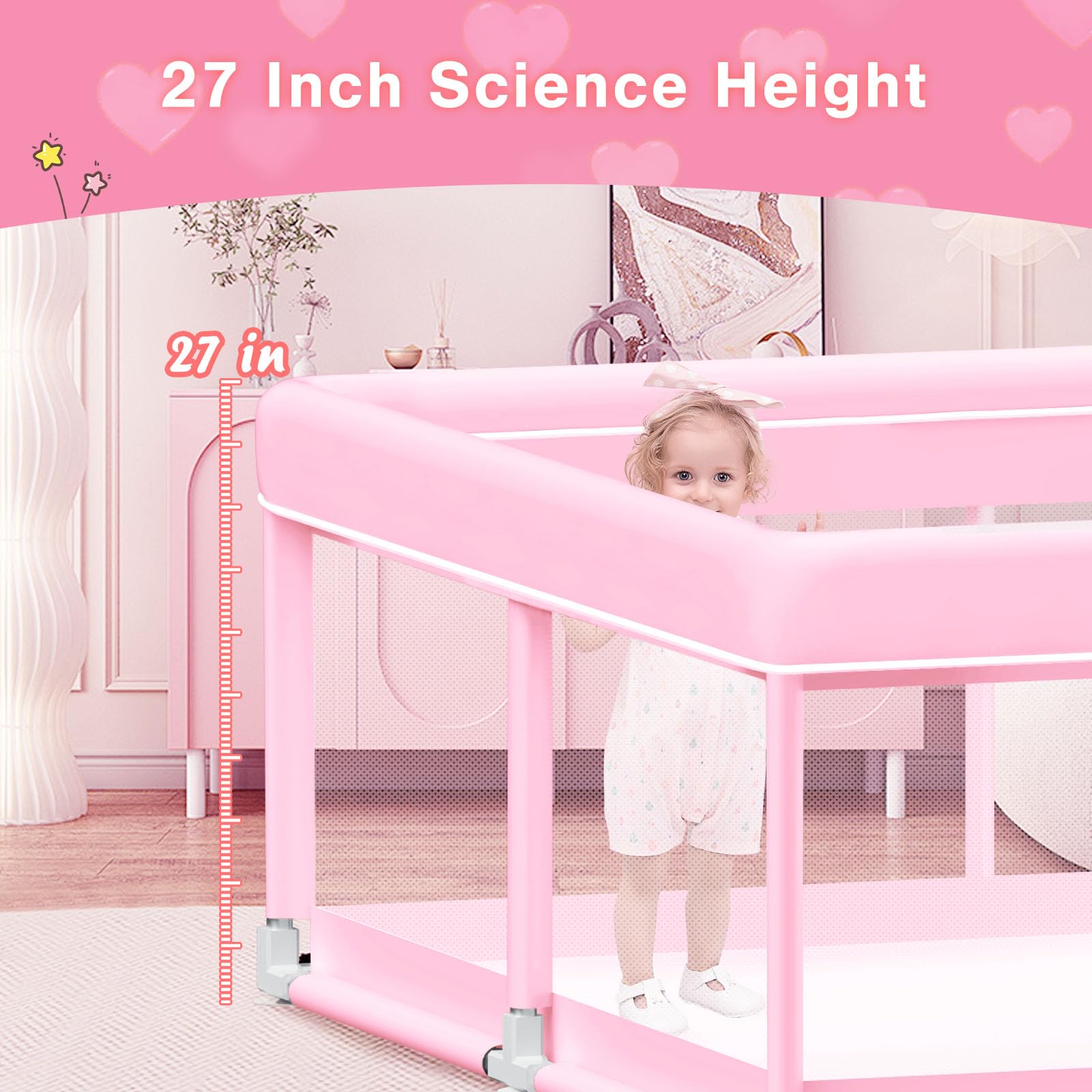 Jaobeem pink baby playpen breathable mesh promotes airflow and comfort.