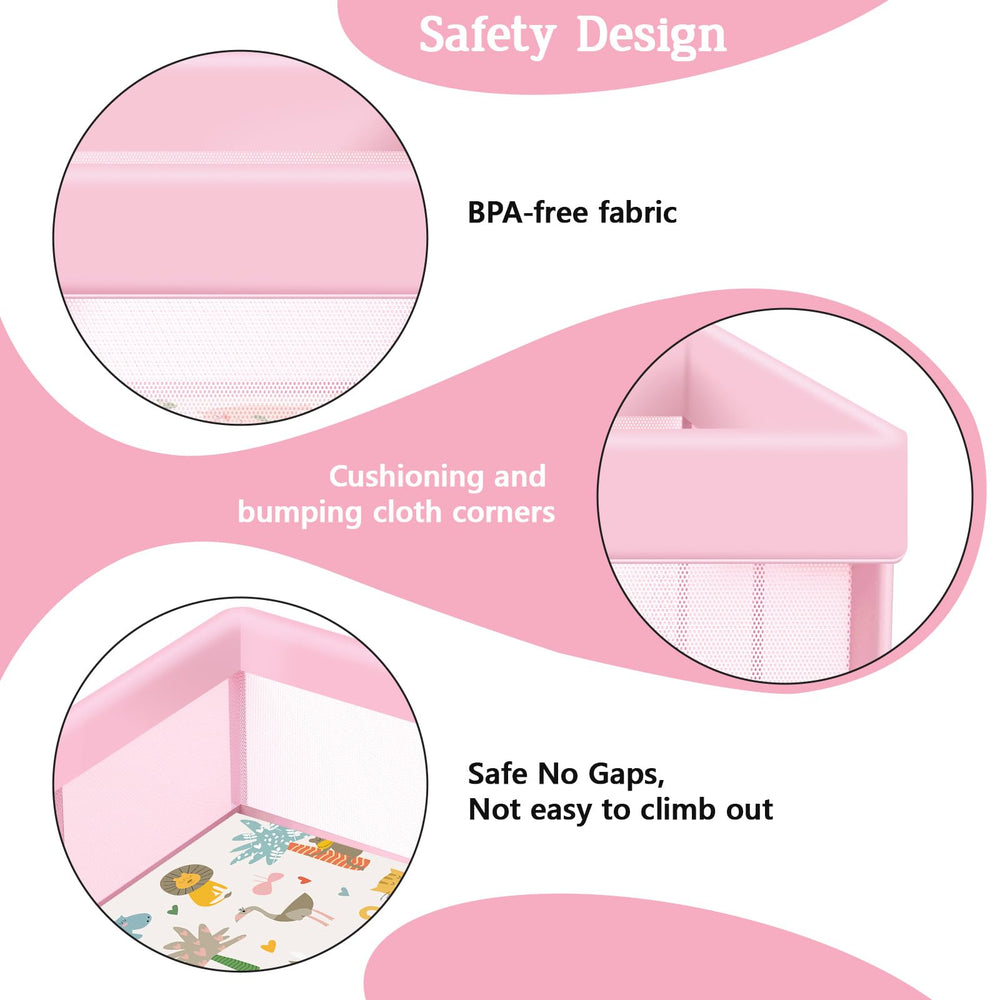 Jaobeem pink playpen offers 360° visibility for hands-free monitoring.