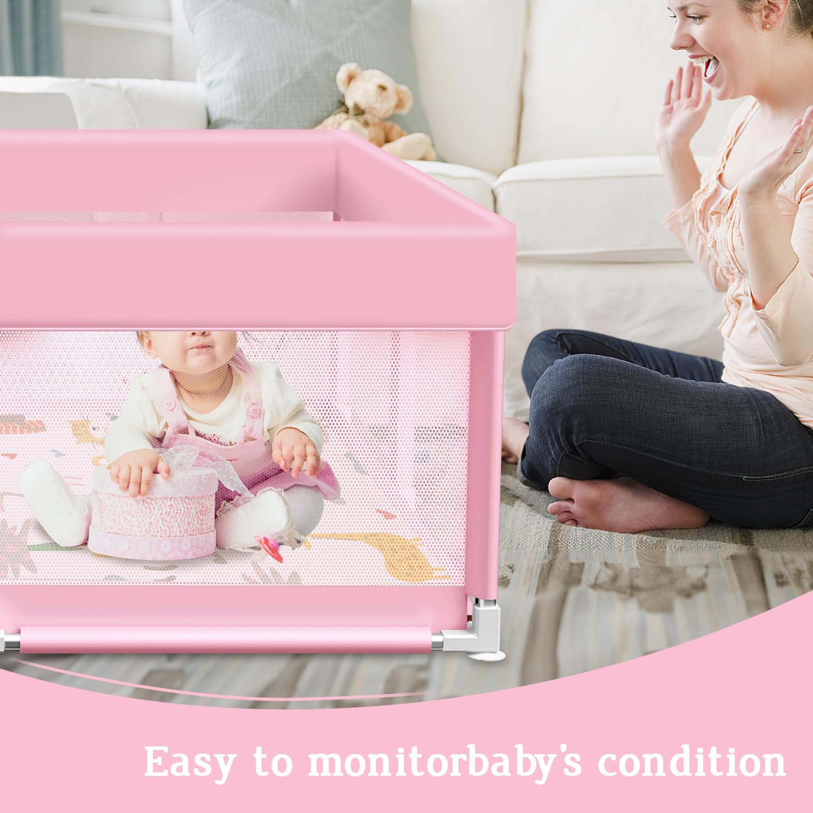 Jaobeem pink playpen with mat anti-slip surface reduces movement during playtime.