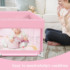 Jaobeem pink playpen with mat anti-slip surface reduces movement during playtime.