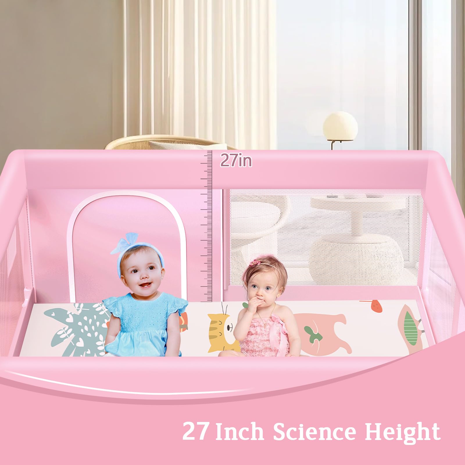 Jaobeem pink playpen with mat folds for easy storage between uses.