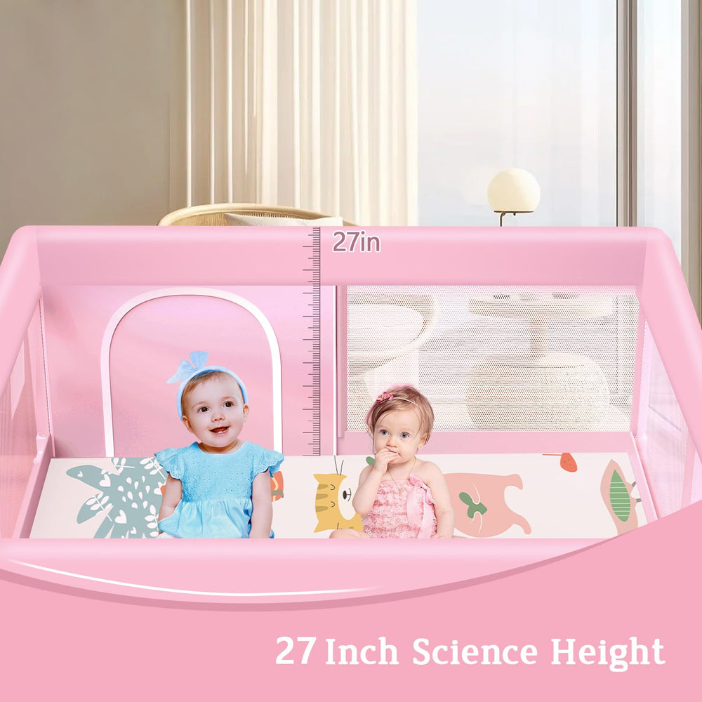 Jaobeem pink playpen with mat folds for easy storage between uses.