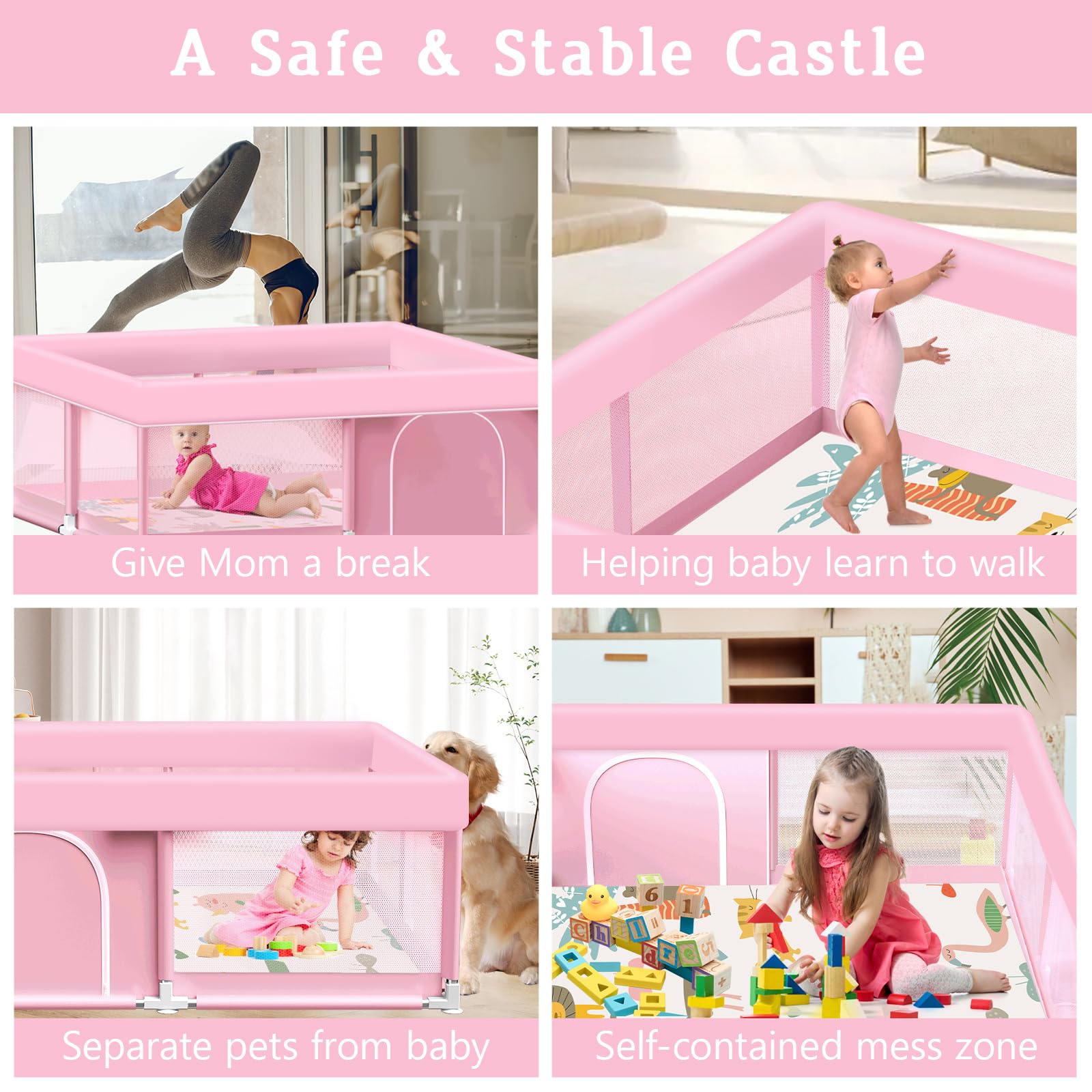 Jaobeem pink playpen creates a self-contained mess zone to keep toys organized.