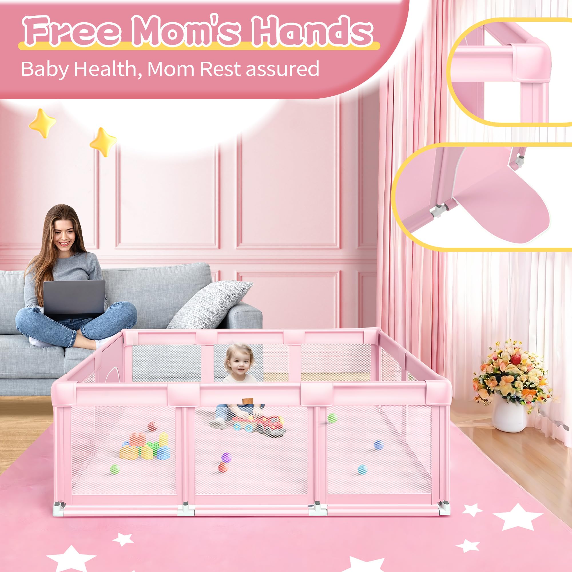 Jaobeem pink large baby playpen dimensions 74x50 for spacious indoor play.
