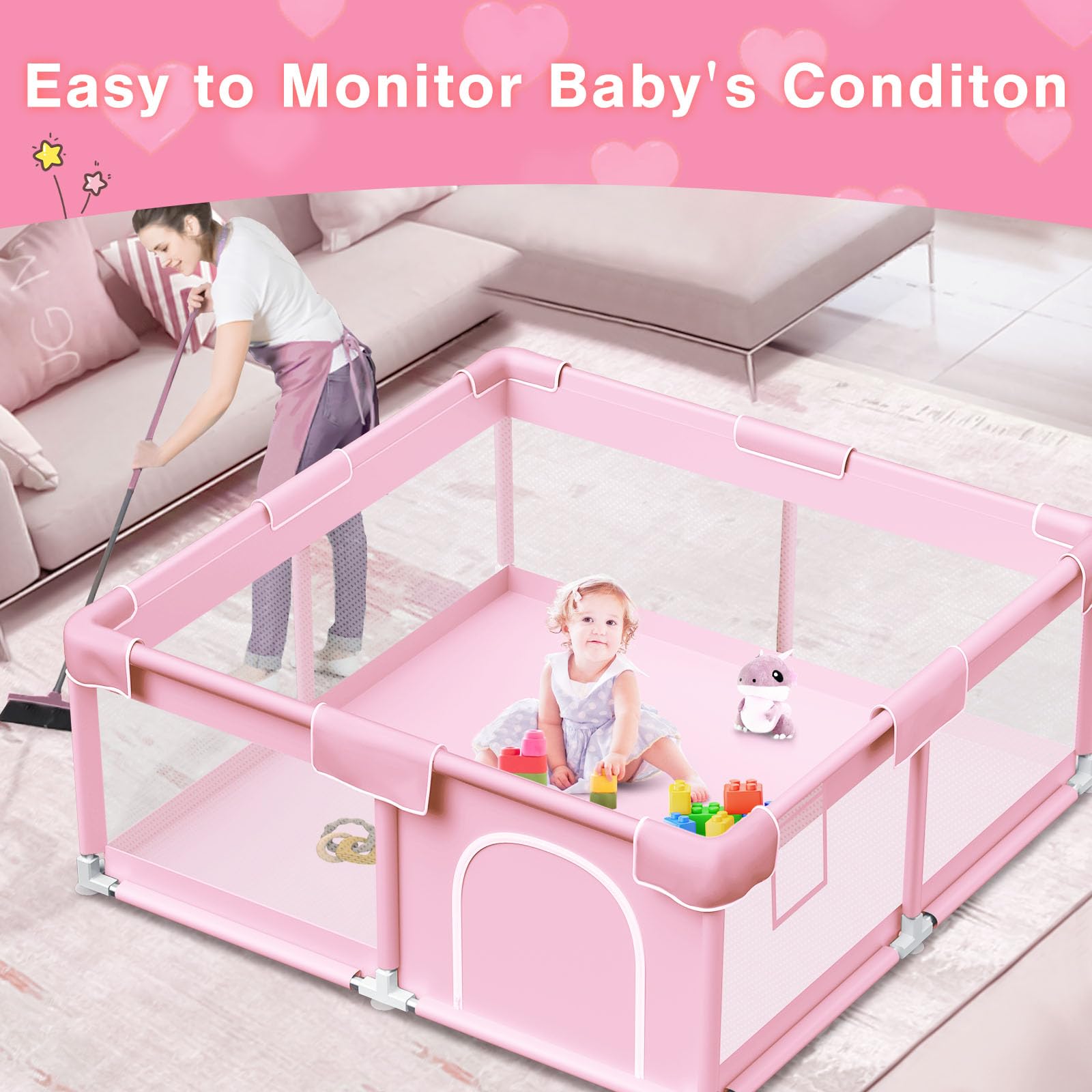 Jaobeem pink playpen 360-degree mesh offers full visibility and breathability.
