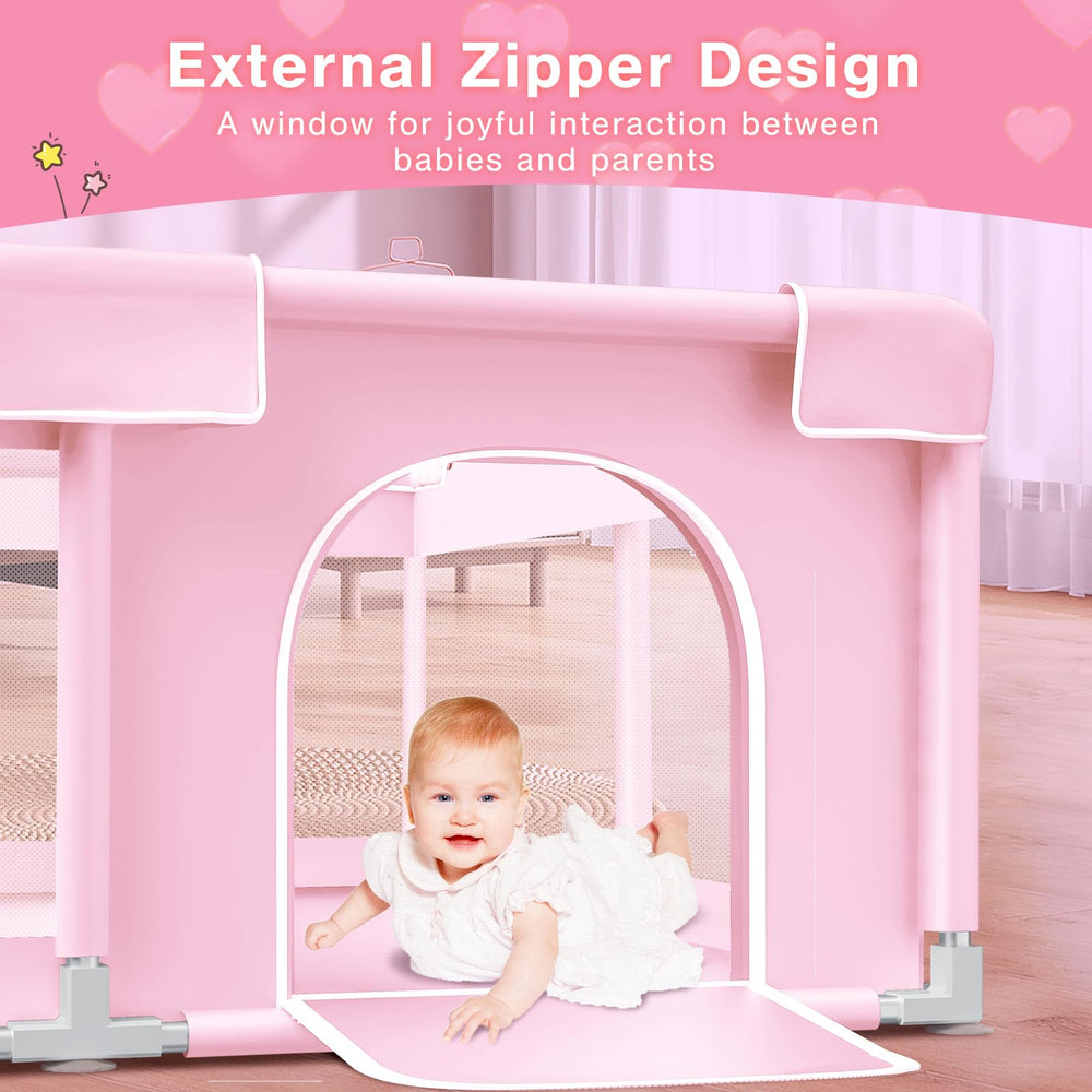 Jaobeem pink playpen easy-assembly with ABS joints for quick setup.
