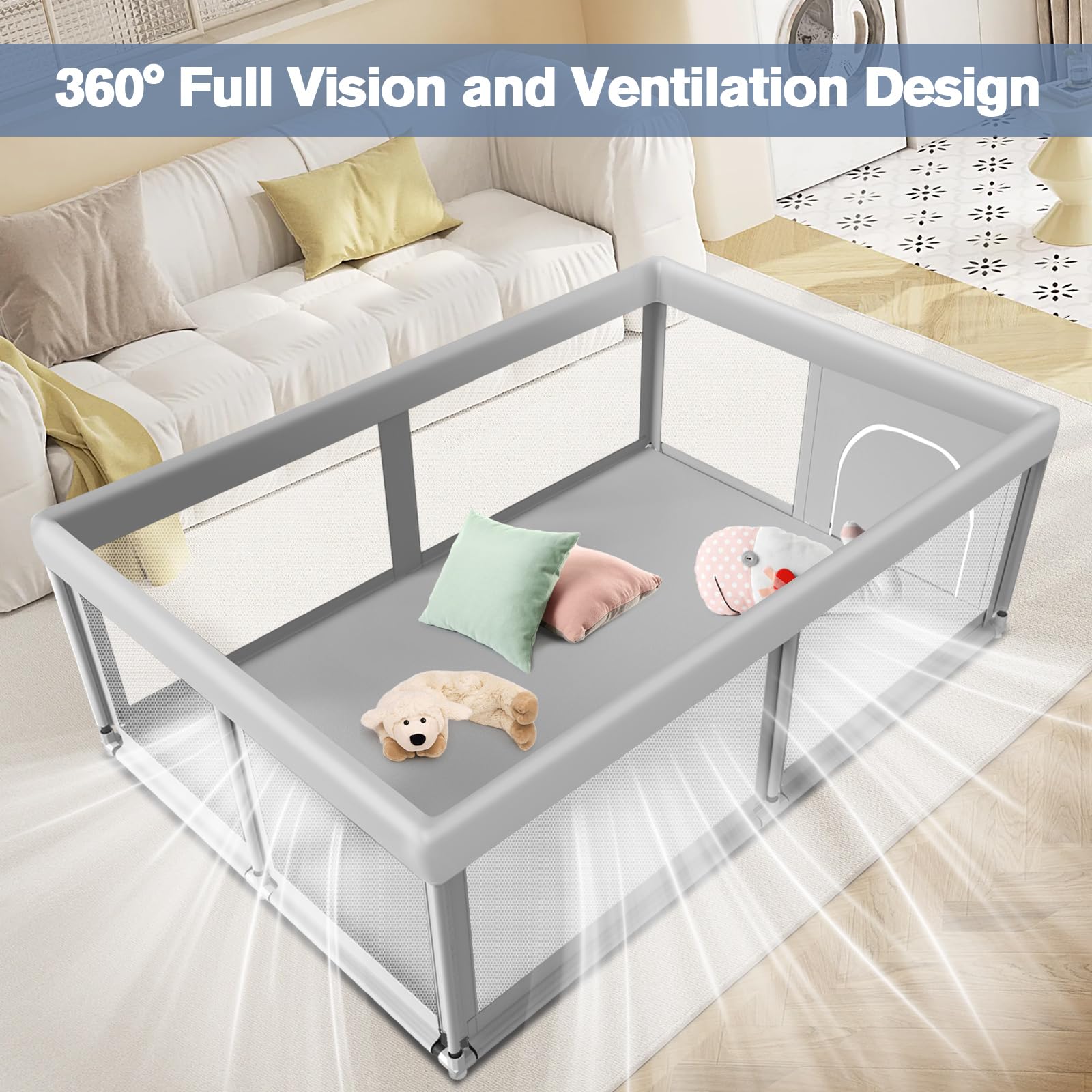 Jaobeem playpen cleaning image shows wipe-clean fabric for quick maintenance.