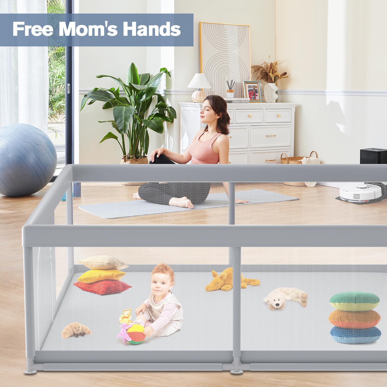 Jaobeem playpen two zipper doors enabling easy access and supervision.