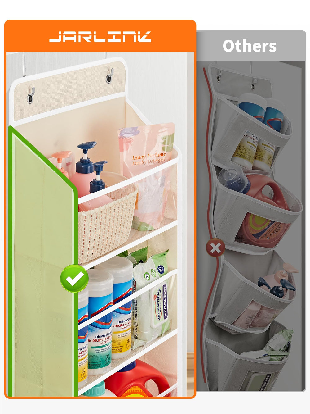 JARLINK nursery storage holds diapers and bottles neatly in beige.