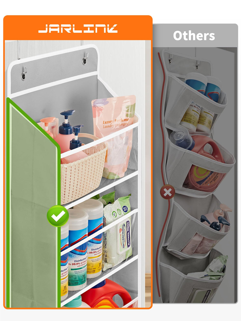 JARLINK door-hanging organizer fits doors up to 1.98 inches.