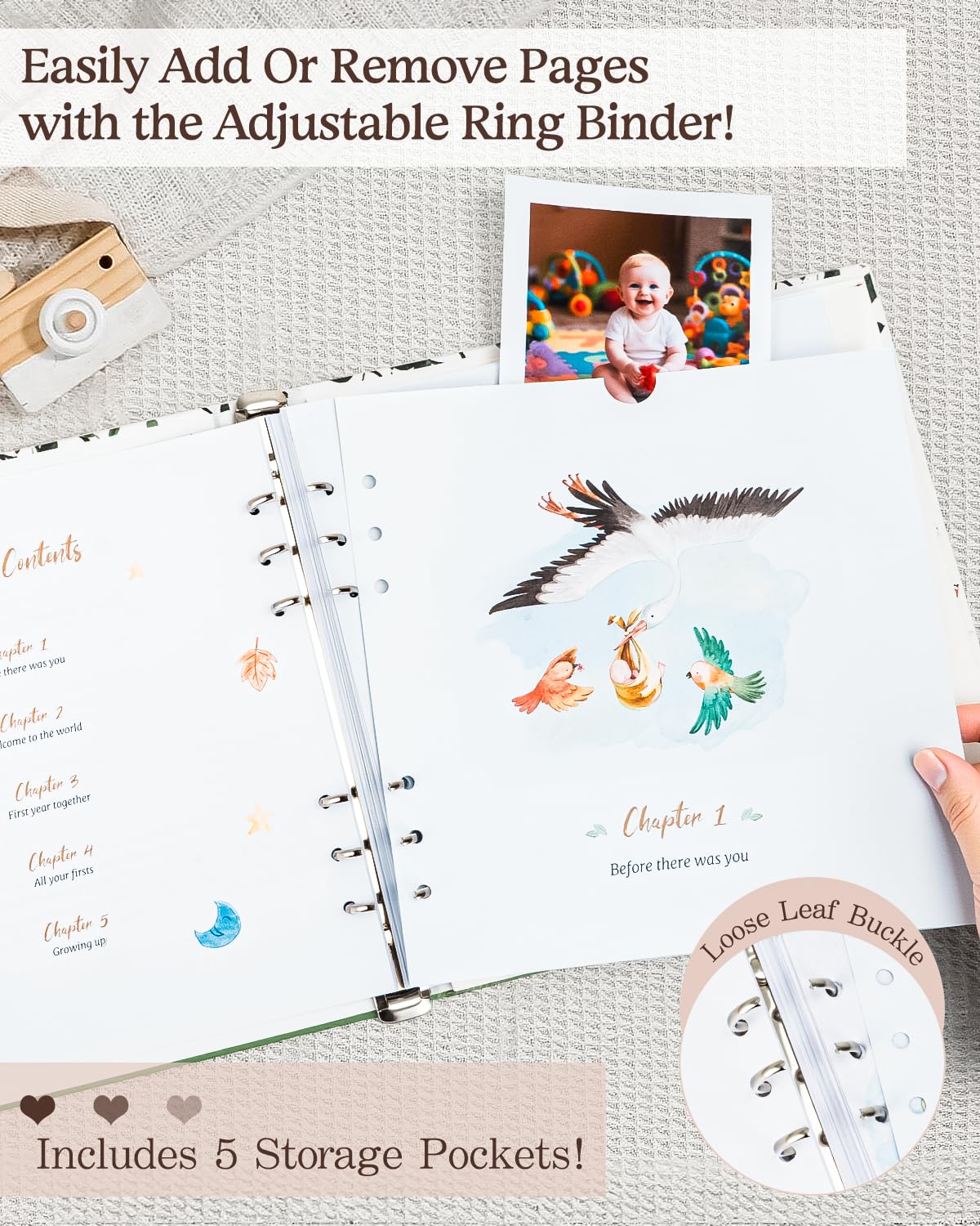 JARMAPOZ memory book removable rings enable easy customization and expansion.