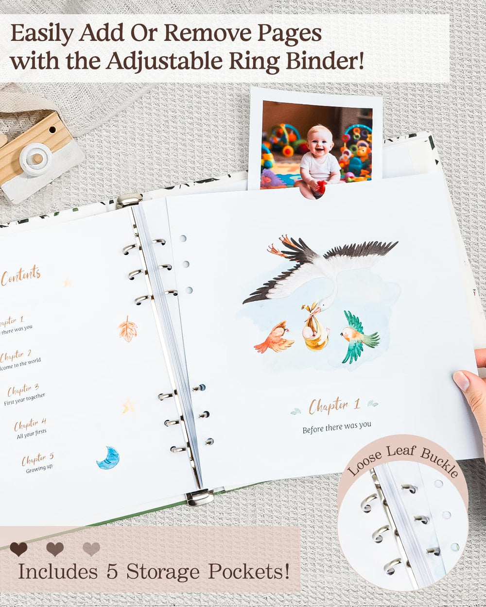 JARMAPOZ memory book removable rings enable easy customization and expansion.