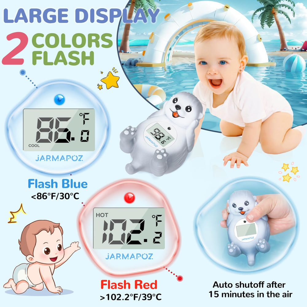 JARMAPOZ thermometer with safety alerts glows COOL or HOT to guide bath time.
