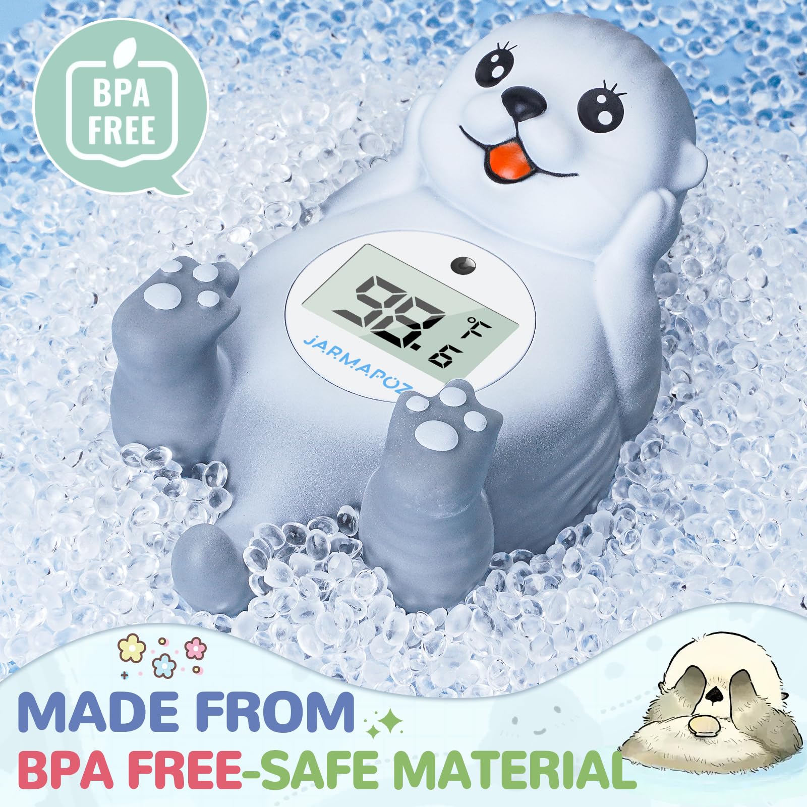 JARMAPOZ quick temp read emphasizes Fahrenheit and Celsius accuracy during bath.