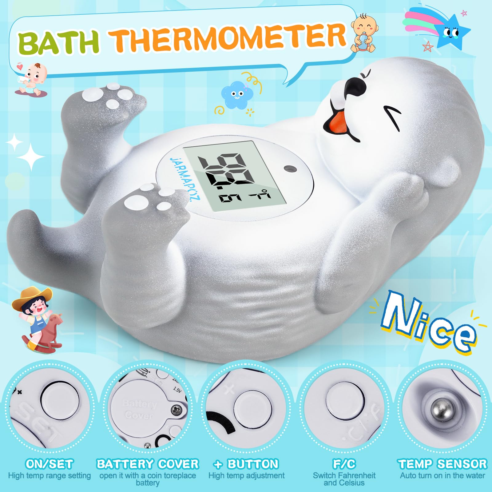 JARMAPOZE grey nursery thermometer fits room and bath settings.
