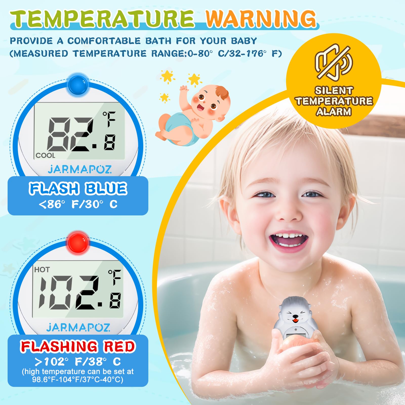 JARMAPOZE otter thermometer with COOL/HOT alerts for bath safety.