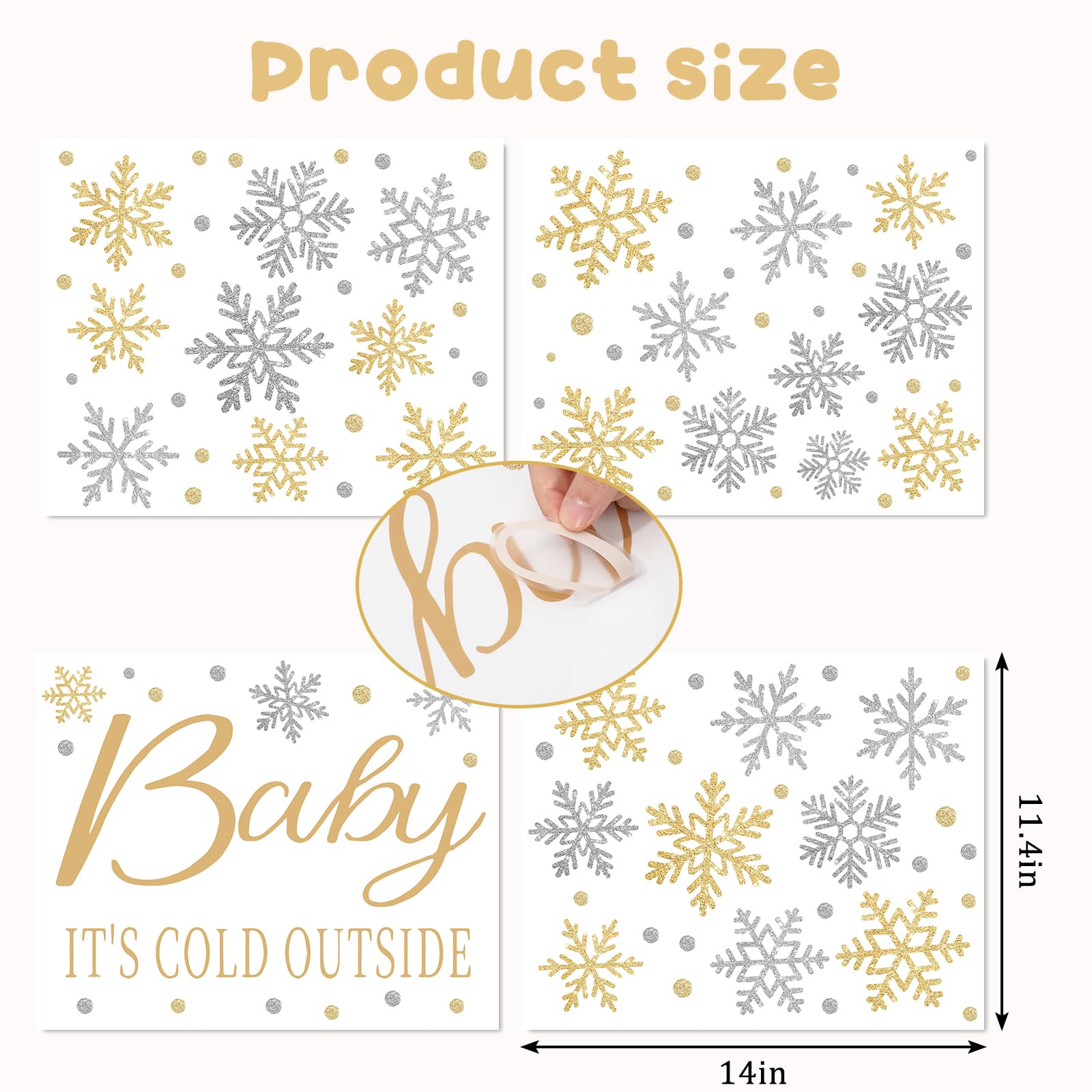 JarThenaAMCS snowflake gold-silver wall decal brings elegant shimmer to parties.