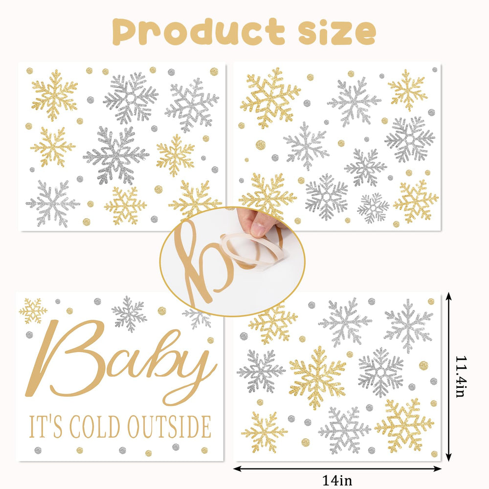 JarThenaAMCS snowflake gold-silver wall decal brings elegant shimmer to parties.