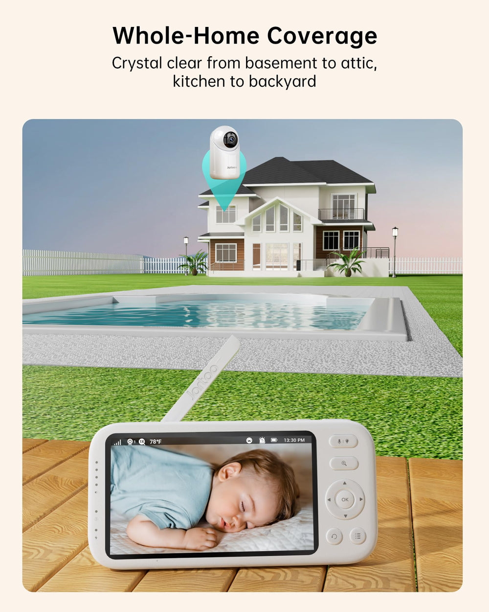Jartoo 360-degree pan tilt zoom view enabling comprehensive room monitoring.